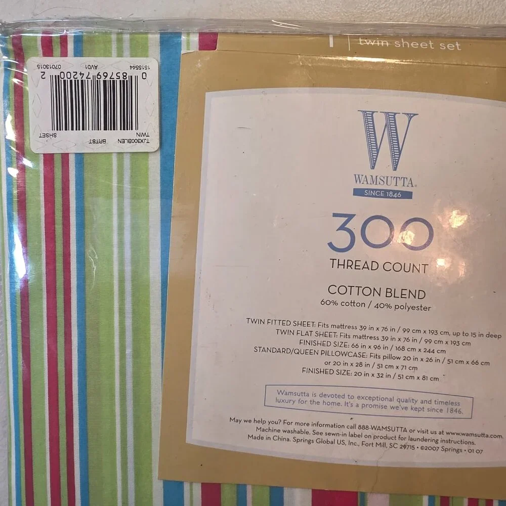 3 Piece 300 Count Twin Wamsutta Sheet Set 60/40 Striped Flat Fitted & Pillowcase